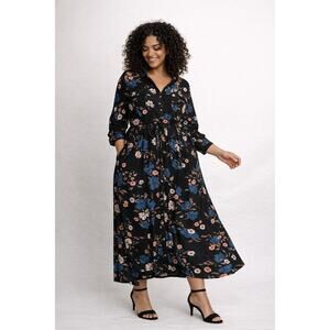 Torrid Dress Womens 3X Black Floral Button Front Midi Long Sleeve NWT Cottage